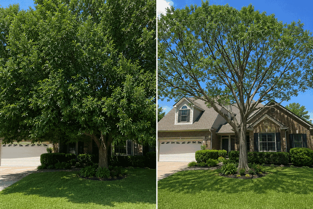 Before and after professional tree pruning