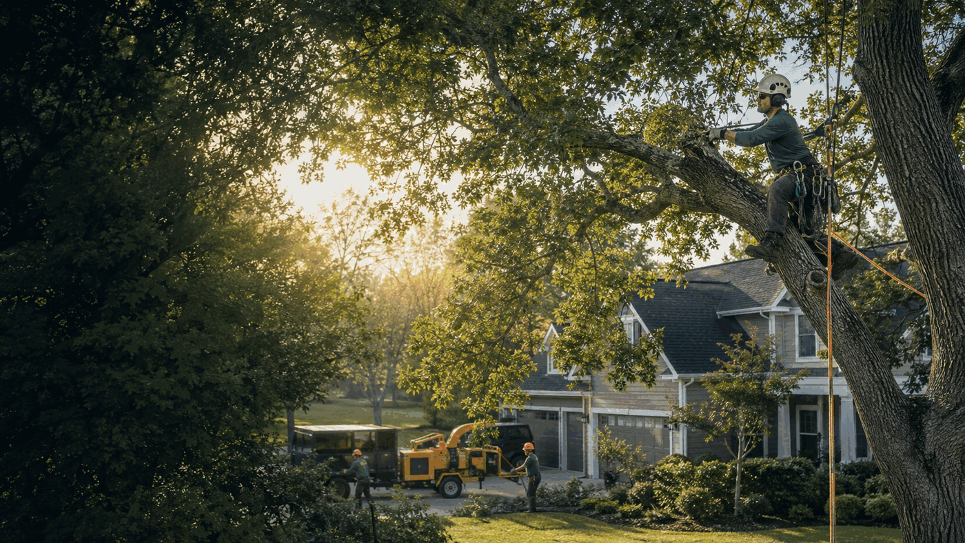 Professional arborist working safely in a mature tree